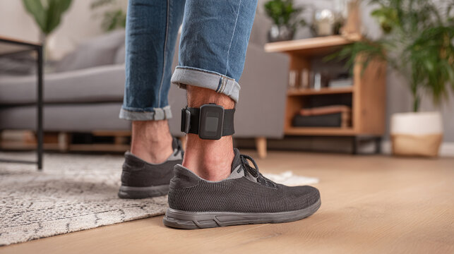 A close-up shot showcases a person indoors with an ankle monitor strapped to their leg, blending into the domestic environment of carpet, wood flooring, and casually styled footwear.
