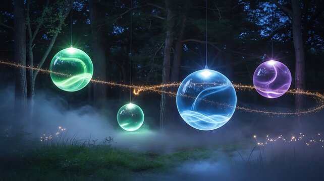 Enchanted Forest with Glowing Spheres and Fairy Lights - Powered by Adobe