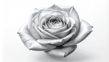 A close-up monochrome shot of a perfect, open rose blossom