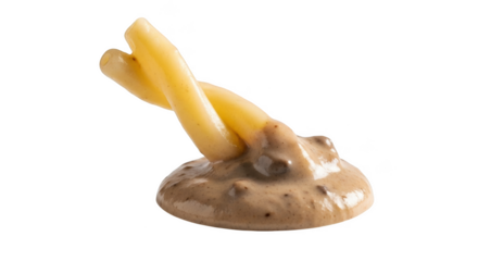Two yellow pasta tubes twisted together dipping into creamy mushroom sauce on black background macaroni