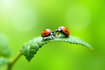 Fototapeta premium Two Ladybugs on a Leafy Branch