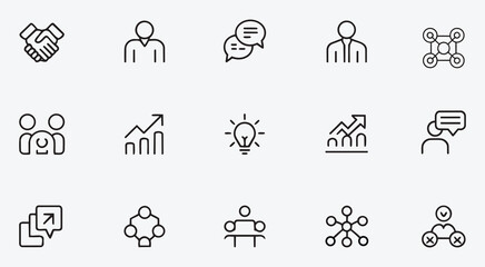 Collection of business and communication related line icons in a grid format
