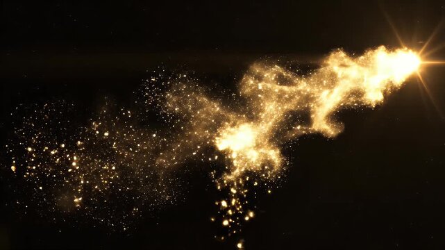 Golden Particle Explosion on Black - This video shows a swirling cloud of golden particles against a black background. The particles create a dynamic, abstract explosion or burst of light.