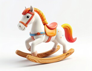 Cartoonish white rocking horse with colorful saddle and mane on wooden rockers