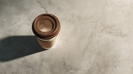 Top-down view of a takeaway coffee cup with lid on clean concrete surface urban morning lifestyle concept with neutral tones realistic textures modern stock image