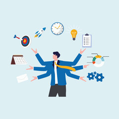 Businessman is holding his hands out in a circle with time management and productivity