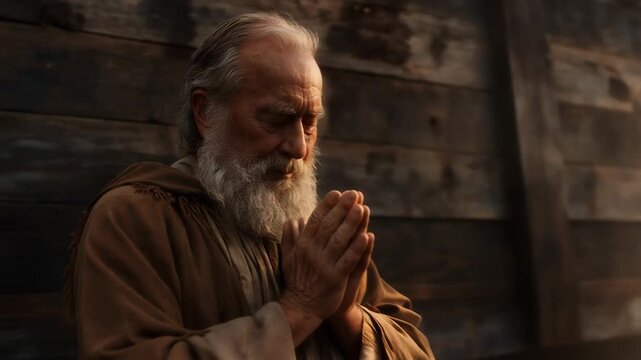 Elderly Noah praying as animals board the massive wooden ark. A cinematic depiction of the biblical story from the book of Genesis. Faith and salvation concept