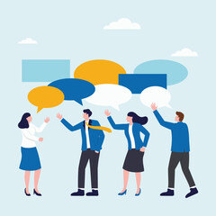 Group of people are standing around and talking to each other, Employee Scene is friendly and social