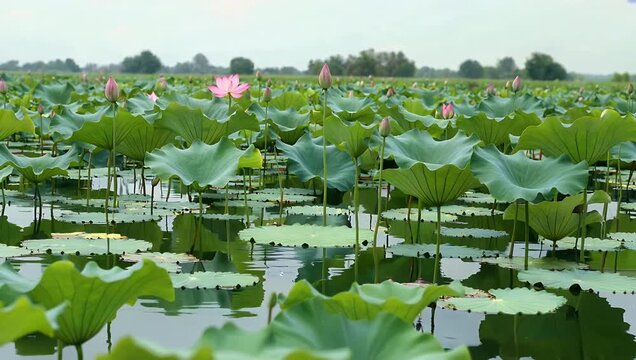 Serene 4K stock footage capturing tranquil pond completely full of waterlilies with some large lotus blossoms and ir leaves peacefully floating on water's