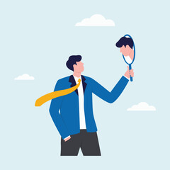 Person holding a mirror up to his face and the man is looking at his reflection