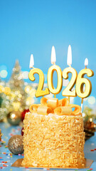 Happy New Year 2026, cute cake with golden ribbon with candle number 2026 for new year celebrate party was lit. decorated with Christmas ornament at blue background, vertical