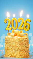 Happy New Year 2026, cute cake with golden ribbon with candle number 2026 for new year celebrate party was lit. blue background with light bokeh, vertical