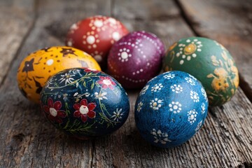Fototapeta premium Brightly painted eggs arranged on a weathered wooden surface ready for an Easter celebration or spring gathering