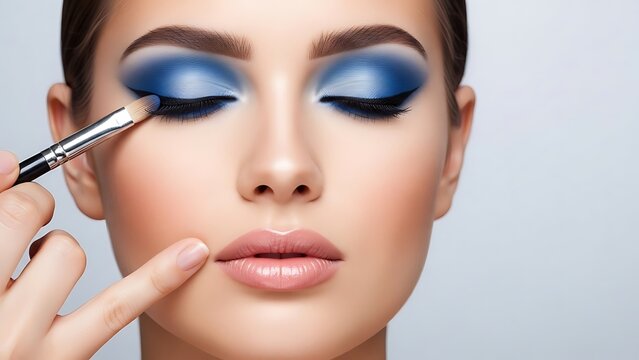 Woman applying blue eye shadow with a makeup brush to her eyelid