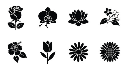Black and white floral silhouettes depicting various flower types in a grid pattern © MdNirob