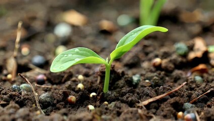 hopeful ultra HD 4K macro scene of fresh green seedling emerging from rich soil representing growth renewal sustainability and new beginnings in