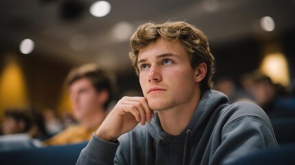 A nearly empty lecture hall during exam season, a few students spaced out and deeply focused, reflecting intense academic concentration. cinematic color correction, natural uneven lighting yet