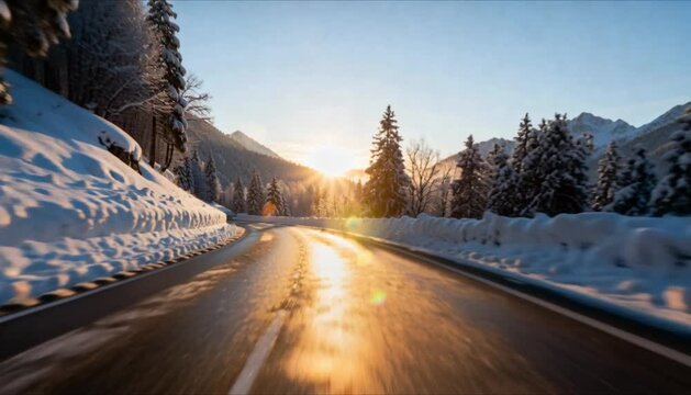 empty snowy mountain road at dawn with low winter sun forward motion