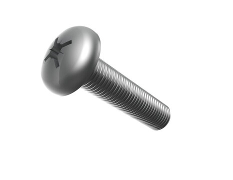 Detailed close-up: Industrial stainless steel Phillips pan head machine screw (fully threaded). Essential construction fastening hardware, durable metal mechanism. PNG HD transparent cutout image.