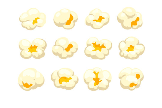 Twelve popped popcorn kernels glowing with light
