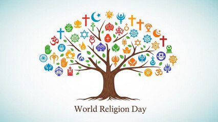 Tree of world religions diverse faith symbols forming branches and leaves concept of unity and spirituality isolated on white background