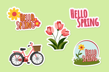 Hello Spring set of spring bright stickers with illustration of a bicycle and flowers