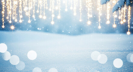 Decorative light chains hanging from above and fresh snow on the ground. A bright and sparkling winter celebration background with bokeh effect.