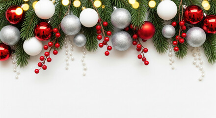A top frame decoration consisting of red, silver, and white Christmas balls on a white background, along with green pine branches.