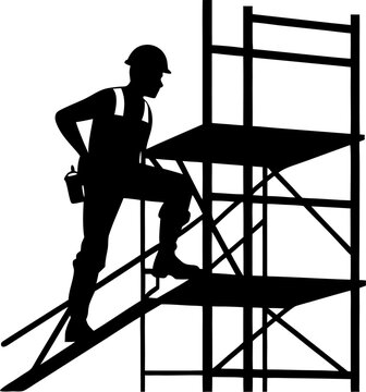 Construction worker silhouette on scaffolding silhouette vector black , white background