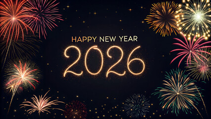 happy new year, new year's eve, silvester, new year, celebration greeting card, new year card - Year 2026 in sparkler font and firework fireworks pyrotechnic, isolated on black night sky background