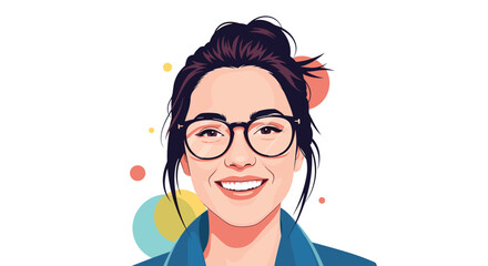 Modern illustration of a beautiful young woman with dark hair in a bun wearing glasses and smiling warmly against a colorful dotted background.