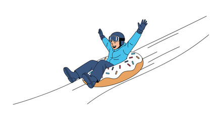 Fototapeta premium Happy person wearing winter gear and a helmet sliding down a snow-covered slope on a large donut-shaped inflatable tube with colorful sprinkles.