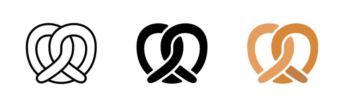 Bretzel icons. Colorful pretzel line icon set. Black and brown bagel collection. Bread sign, symbol. Bakery concept. Vector illustration. Flat design. Editable stroke.