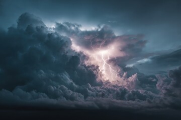 Dramatic storm clouds with flashes of lightning illuminating the dark sky at dusk