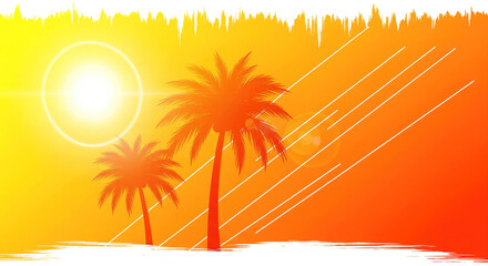 A vibrant summer-themed background design featuring sunlight and palm tree silhouettes under an orange and yellow gradient sky.