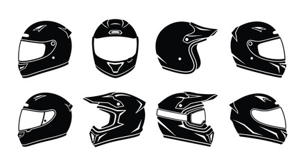 Variety of black motorcycle and sports helmets in a grid arrangement © MdNirob