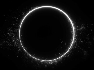 White circle. glowing ring overlay with light particles isolated on black background for stage lighting effects