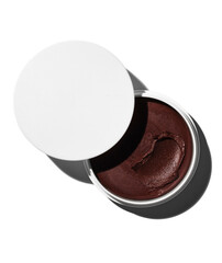 Rich deep brown cosmetic balm product with a white lid slightly ajar displayed in bright studio lighting