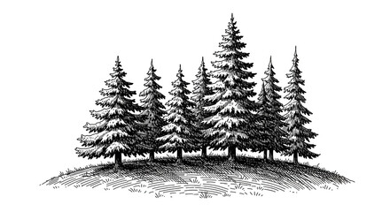 A group of pine trees and a forest landscape, detailed in black ink on a white background in a hand-drawn style.