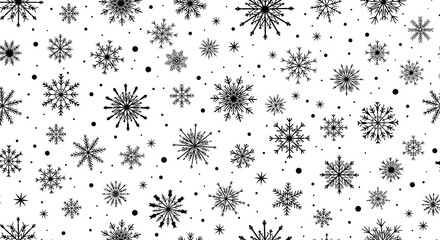 A winter-themed seamless pattern or background consisting of black snowflakes of various sizes and shapes on a white background.