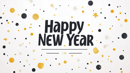 Texte en anglais "Happy New Year" en lettres noires sur fond blanc avec confettis et &eacute;toiles dor&eacute;s et noirs, visuel festif pour nouvel an, Saint Sylvestre et v&oelig;ux de f&ecirc;tes de fin d&rsquo;ann&eacute;e
