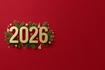Fond rouge avec chiffres dor&eacute;s 2026 et bordure de branches de sapin d&eacute;coratives, composition festive avec espace n&eacute;gatif copyspace pour nouvel an 2026, Saint-Sylvestre et toute autre f&ecirc;te de l&rsquo;ann&eacute;e