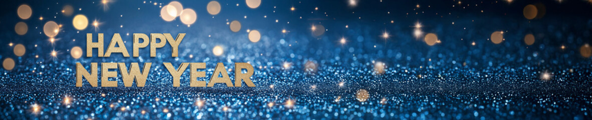 Texte en anglais "HAPPY NEW YEAR" en lettres dor&eacute;es sur fond bleu paillet&eacute; avec bokeh et vignettage, d&eacute;cor festif pour nouvel an, Saint Sylvestre et f&ecirc;tes de fin d&rsquo;ann&eacute;e, espace n&eacute;gatif copyspace
