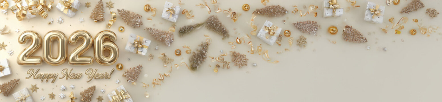 Chiffres dor&eacute;s 2026 avec sapins enneig&eacute;s et cadeaux, texte en anglais &laquo; Happy New Year &raquo; sur fond avec espace n&eacute;gatif copyspace pour nouvel an, Saint Sylvestre et autres f&ecirc;tes de l&rsquo;ann&eacute;e