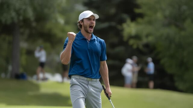 Excited male golfer celebrating victory on lush golf course