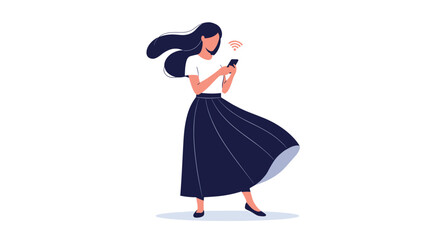 Stylish woman standing and using her smartphone while her hair and skirt blow in the wind, with a wifi signal icon.