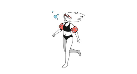 Fototapeta premium Young girl swimming happily in water wearing red inflatable armbands and goggles for safety and fun during summer time.