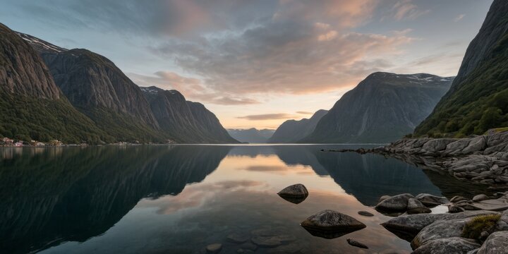 Spiegelbild der Berge im ruhigen Fjordwasser