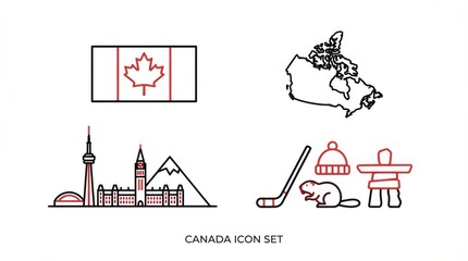compact canada icon set including national flag simplified map shape skyline landmarks and cultural symbols consistent line style