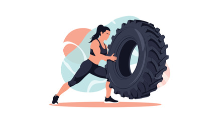 Strong athletic woman performing a tire flip exercise for strength and cross-training against an abstract background.